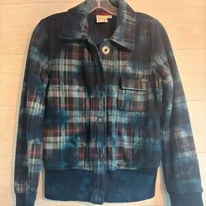 Roxy Jacket Womens Medium Blue Plaid Tie Dye Cotton Polyester Snap Front